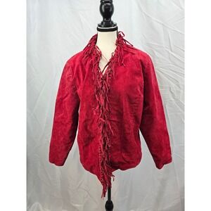 Dialogue Red Suede Leather Fringe Jacket Womens Large Western Boho A01762